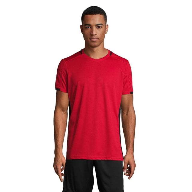 Heren voetbal t-shirt. Ademend polyester gaas. V-hals met contrasterende afwerking. Voorwaartse schoudernaden. Contrasterende gaas zijpanelen. Tweelingnaalds stikwerk. 150 g/m². Stof: 100% polyester. Herenborst (voor inches): S(36/38), M(38/40), L(41/42), XL(43/44), XXL(45/47).