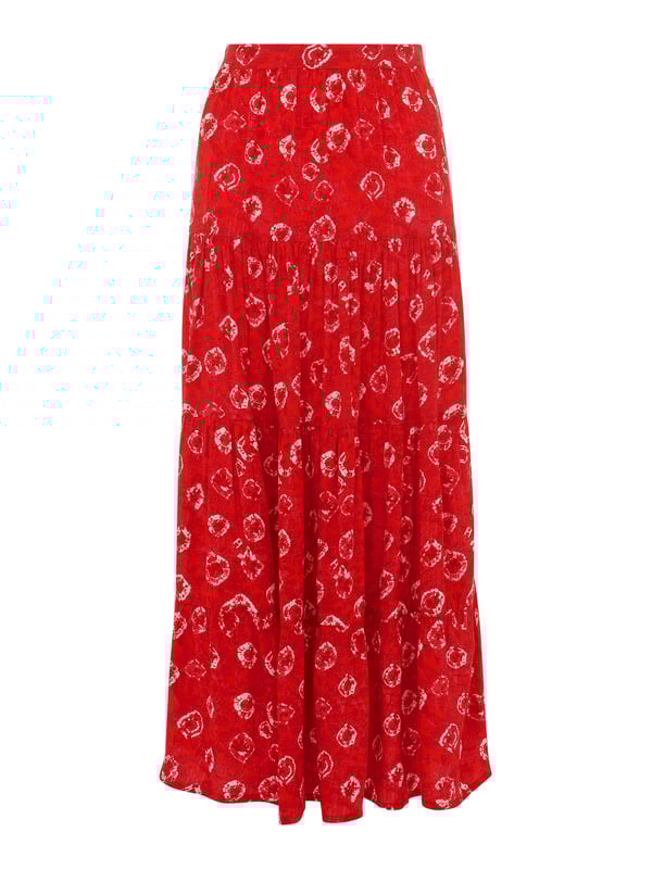 Brighten up your daywear with this vibrant Red Floral Tiered Midi Skirt. Its eco-friendly fabric and cheerful floral tie dye print make it perfect for a leisurely weekend outing or a casual meet-up with friends.