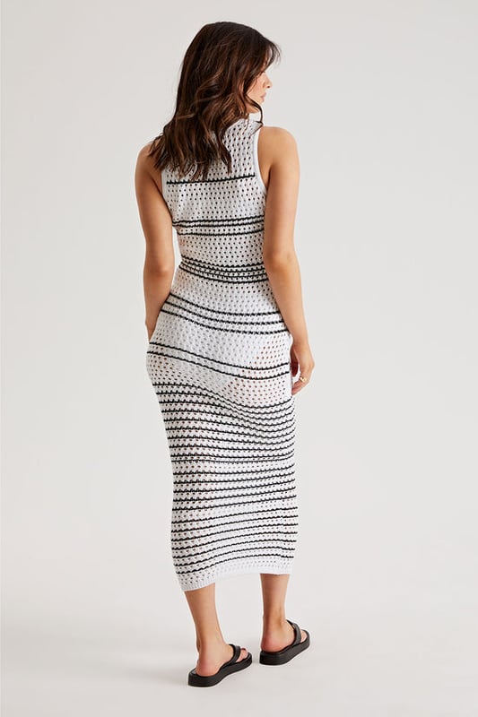 Model is 5'6 and wears a size 8. Midaxi length, sleeveless, crothet detail.