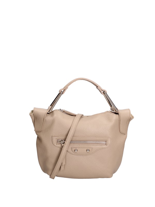 Bolso de mujer. El cierre es con cremallera. Los bolsillos internos son uno con cremallera y otro abierto. Los bolsillos externos son uno frontal con cremallera. La bandolera es ajustable y extraíble en piel. El mango es de cuero. Hay un compartimento interno. El material exterior es piel auténtica tipo dólar. Internamente está forrado en tejido 70% algodón - 30% poliéster. Medidas: 29x20x9 cm. Hecho en Italia