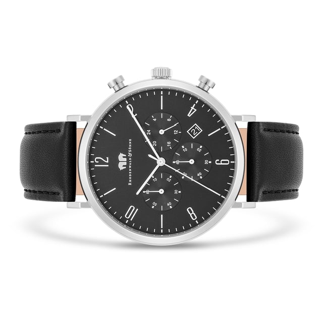 The timeless men's watch from the Rhodenwald & Sons manufacture combines the design of sporty chronographs with the simple elegance of a dresswatch. The popular functions 24-H display, stopwatch and date are integrated in a minimalist dial with tricompax arrangement-a perfect companion not only for business suit, but also for casual jeans. The model inspires with a robust and at the same time reduced stainless steel housing, filigree sticker and a reliable quartz train. A soft real leather bracelet with seam and thorn lock rounds off the premium equipment.