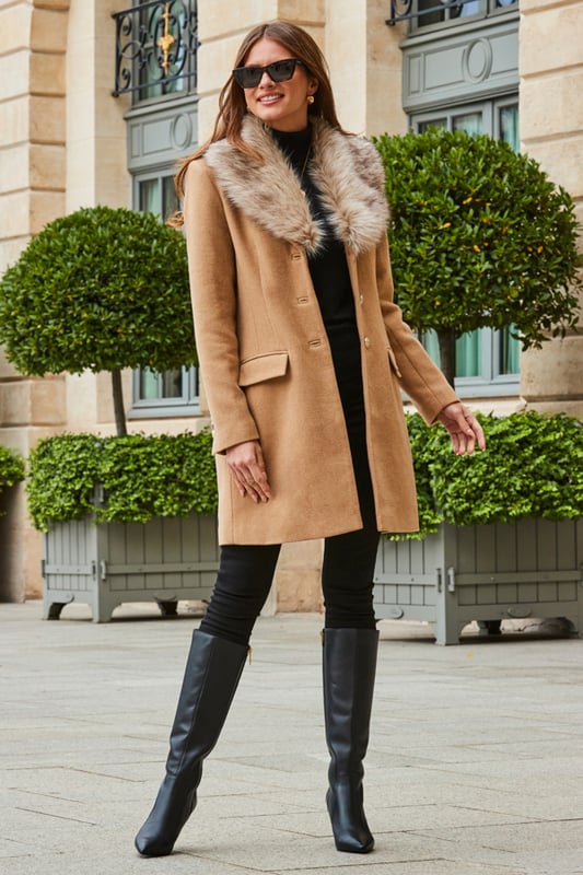 Layering up has never looked so luxe
Camel always looks chic
Plush faux fur collar to keep out the chill
Cut to nip in your waist and skim over your hips
Gold buttons for added luxury
For your work and weekend wardrobe