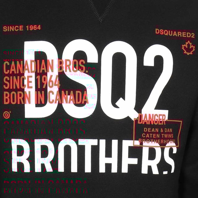 This Dsquared2 cotton sweatshirt consists of a Dsq2 Brothers print on the front, crew neck with V-insert, ribbed finishes, brushed interior and a regular fit.