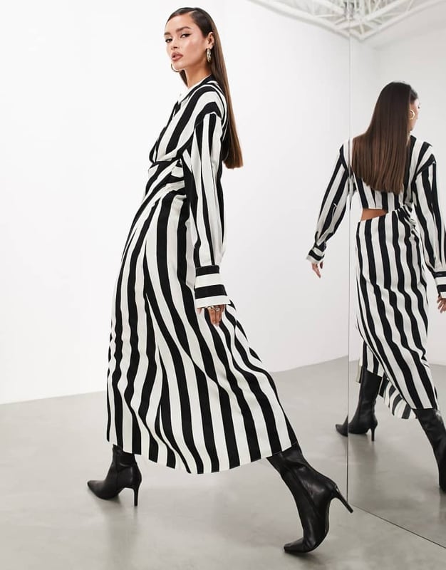 Dresses by ASOS EDITION POV: you have plans Spread collar Partial button placket Cut-out side Wrap skirt Buttoned cuffs Regular fitSold By: Asos