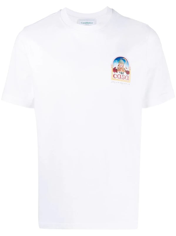 Showing the brand's focus on vibrant colours and details, the Vue De L'Arche short-sleeve T-shirt from Casablanca is decorated with a coloured graphic logo at the chest and back. Crafted from organic cotton, it features a straight cut in white.