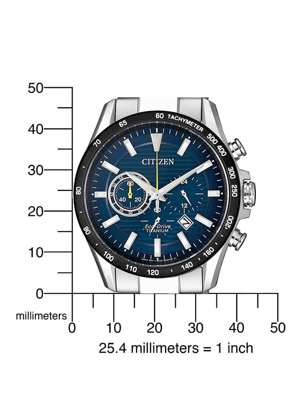 Diese Citizen  Chronograph Uhr für  Herren ist das perfekte Accessoire zum tragen oder verschenken. Ihr Silber 42 mm Rund Gehäuse kombiniert mit dem bequemen Silber Armband aus  Titan garantiert, dass Sie diese atemberaubende Uhr kompromisslos genießen werden. Angetrieben von einem hochwertigen Eco-Drive Uhrwerk und wasserdicht bis 10 bars, läuft Ihre Uhr stets weiter. Diese Sportliche Uhr verfügt über eine Eco-Drive-Technologie (wird von jeder Lichtquelle aufgeladen; benötigt keine Batterie) -Diese Chronograph Uhr verfügt über eine Kalenderfunktion: Datum, Solar , Stoppuhr, 24-Stunden-Anzeige, Leuchtziffern, Leuchtzeiger Diese hochwertige Uhr hat ein Silber Edelstahl Band ( 21 cm Länge und 21 mm Breite) mit einer Faltschließe mit Druckverschluss Gehäusedurchmesser: 42 mm,Gehäuse Höhe: 12 mm, Gehäusefarbe: Silber Zifferblattfarbe: Blau