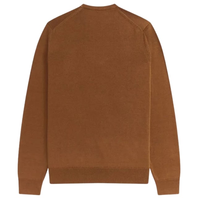 Fred Perry bruin sweatshirt, 52% wol, 48% katoen, ronde hals, logo op de borst. Elastische mouw en zoom, klassieke trui met ronde hals, bruin sweatshirt