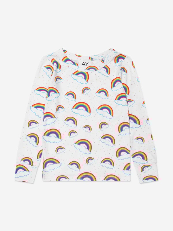 Dream big and feel fab with this girls white pyjama set from AY by Ayla. Cosy and comfortable, the soft, snug sleepwear is decorated with an all over rainbow print, displaying a positive energy whilst lounging and relaxing. Perfect for lazy days and pyjama parties. 2-piece Set Bound Collar Ribbed Cuffs Elasticated Waistband