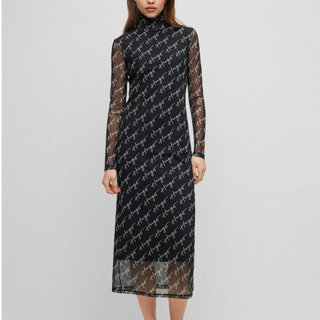 Womens HUGO Neshy Dress in multi colour.- Turtleneck.- Long sleeves.- Topstitched hem-edge.- Semi transparent with opaque underdress.- All-over script print.- Fitted design.- Midi length.- Main material: 92% Polyester  8% Elastane.  Lining: 90% Polyester  10% Elastane.  Machine washable.- Ref: 50489186961
