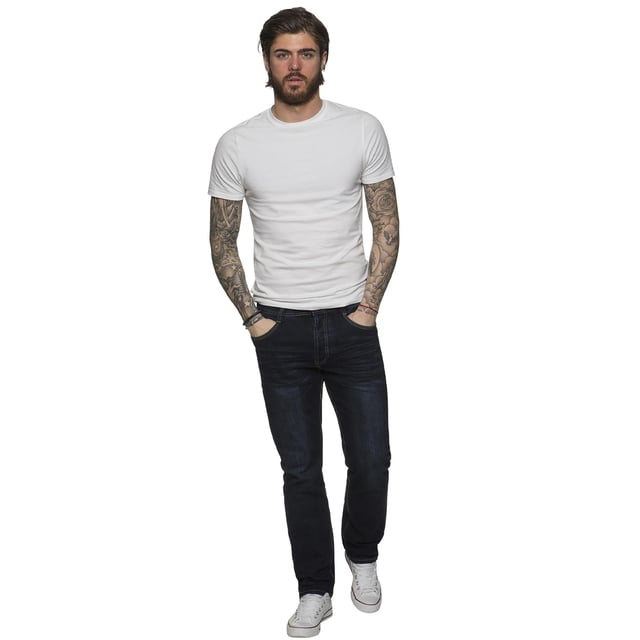 ETO Mens Tapered fit Stretch Jeans for Casual and Work Wear, Button Fly Fastening, Contrast Stitching, Branded Buttons and Rivets, Front Pockets Are Secured with Rivets, 5-Pocket Design, 98% Cotton, 2% Spandex, Machine washable (See Tags) .