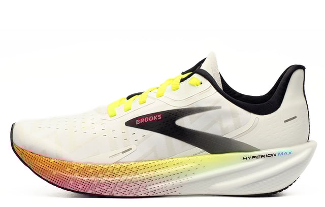 Featuring rapid roll technology that propels you forward for effortless transitions and a substantial, nitrogen infused midsole that returns energy to your stride whilst absorbing impact, the Books Hyperion Max is a responsive running shoe crafted to adapt to your movement and boost your running potential.
 Enhancing this high-performance design is a durable rubber outsole for optimal traction no matter where you are running ensuring protection wear after wear. 
 Finishing the shoes is an engineered breathable mesh upper, ventilating the foot throughout those long-distance runs ensuring feet stay cool and comfortable. 
 - Breathable textile upper
 - Nitrogen-infused DNA FLASH midsole
 - Durable rubber outsole with optimal traction 
 - Rapid Roll technology for fast transitions 
 - Secure lace fastening
 - Padded heel and ankle collar
 - Comfort cushioned footbed
 - Brooks branding