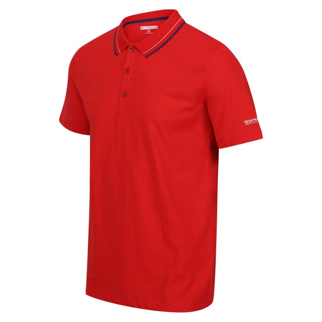 100% Cotton. Fabric: Coolweave. Design: Logo. Fastening: Button. Neckline: Contrast Stripe, Turn Down Collar. Sleeve-Type: Short-Sleeved. Fabric Technology: Breathable. 3 Button Placket. 160gsm. Sustainability: BCI Approved, Sustainable Materials. S: 38 in. M: 40 in. L: 42 in. XL: 44 in. XXL: 48 in. 3XL: 51 in. 4XL: 54 in. 5XL: 57 in.