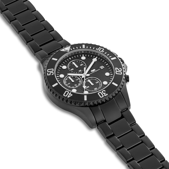 GENERAL INFORMATION:  • Targetgroup: Male  • Wristwatch: Chronograph  • Display: analogue  • Weight of watch w/o box (gr.) - approx.: 186  • model series: Nightstorm  MOVEMENT:  • Movement: Quartz  • Term of Movement: VD57  • Origin of movement: Japan  BRACELET:  • Material of bracelet/strap: Stainless steel  • Plating of bracelet/strap: Ion-Plating (IP)  • Finishing of bracelet/strap: Polished/brushed  • Finishing/Decoration of bracelet/strap: None  • Clasp/Closure/Buckle: Security-folding clasp  • Color of bracelet/strap: Black  • Length of bracelet/strap (mm) approx.: 260,0  • Width of bracelet/strap (mm) approx.: 19,9  • Style/Design of bracelet/strap: Link bracelet  • Bracelet/strap adjustable?: Yes  CASE:  • Shape of case: Round  • Size/Diameter of case in mm . approx.: 44,0  • Height of case in mm: 12,15  • Case material: Stainless steel  • Surface of case: Polished/brushed  • Bezel/Topring: Turnable  • Finishing/Decoration of case: Notches  • Material of case back: Stainless steel  • Lock of case back: Pressed  • Color of case: Black  • Coating/Plating (Case): Ion-Plating (IP)  • Type/Form of crystal: Flat  • Material of crystal: Mineral crystal  • Water resistant (ATM): 5  DIAL:  • Size jewelry care cloth: Date/Hour/Minute/Second/Stopwatch  • Indices: Line indices/Points  • Material of dial: Brass  • Structure/pattern of dial: Multi-layer  • Color of dial: Black  PUSHER, CROWN, HAND:  • Pusher: No screwed-in crown  • Corrector: Yes  • Crown: No screwed-in crown  • Type of hands: Pole hand  • Luminescent (hands): Yes  PACKAGING & SCOPE OF DELIVERY:  • Box: Yes  • Service booklet: Yes  • Manual: Yes