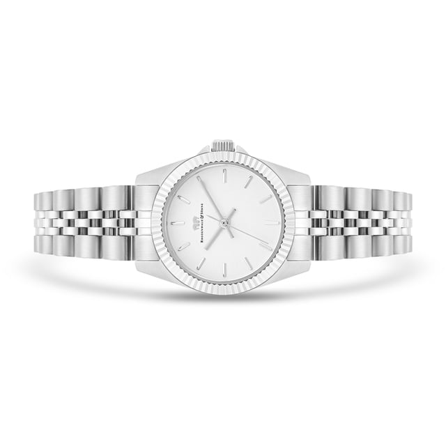 GENERAL INFORMATION:  • Targetgroup: Female  • Wristwatch: No Special Functions  • Display: analogue  • Weight of watch w/o box (gr.) - approx.: 61,0  • model series: Cassina  MOVEMENT:  • Movement: Quartz  • Term of Movement: 2035  • Origin of movement: Japan  BRACELET:  • Material of bracelet/strap: Stainless steel  • Plating of bracelet/strap: None  • Finishing of bracelet/strap: Polished/brushed  • Finishing/Decoration of bracelet/strap: None  • Clasp/Closure/Buckle: Security-folding clasp  • Color of bracelet/strap: Silver  • Length of bracelet/strap (mm) approx.: 220,0  • Width of bracelet/strap (mm) approx.: 13,9  • Style/Design of bracelet/strap: Link bracelet  • Bracelet/strap adjustable?: Yes  CASE:  • Shape of case: Round  • Size/Diameter of case in mm . approx.: 27,5  • Height of case in mm: 8,9  • Case material: Stainless steel  • Surface of case: Brushed  • Bezel/Topring: Fixed  • Finishing/Decoration of case: Grooved  • Material of case back: Stainless steel  • Lock of case back: Pressed  • Color of case: Silver  • Coating/Plating (Case): None  • Type/Form of crystal: Flat  • Material of crystal: Mineral crystal  • Water resistant (ATM): 5  DIAL:  • Size jewelry care cloth: Hour, Minute, Second  • Indices: Line indices  • Material of dial: Brass  • Structure/pattern of dial: Flat  • Color of dial: White  PUSHER, CROWN, HAND:  • Pusher: No screwed-in crown  • Corrector: No  • Crown: No screwed-in crown  • Type of hands: Obélisque hands  • Luminescent (hands): No  PACKAGING & SCOPE OF DELIVERY:  • Box: Yes  • Service booklet: Yes  • Manual: Yes