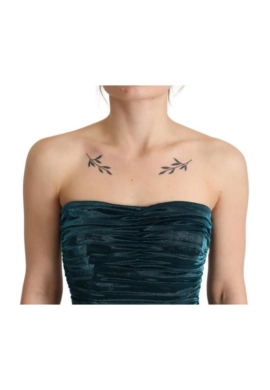 Gorgeous brand new with tags
  Bustier bodice with bones
  Soft satin fabric with interspersed lame threads
  Sleeveless midi dress
  Vibrant turquoise color
  Zipper closure on the back
  Cotton stretch inner lining
  Logo details
  Made in Italy with high craftsmanship
  Material: 54% silk 41% polyester 5% elastane
  Inner lining: 50% cotton 25% nylon 20% elastane 5% silk