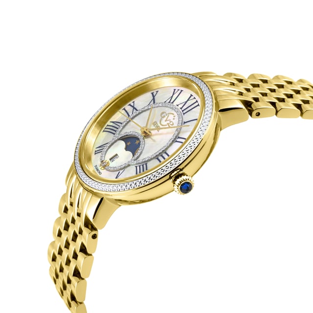 GV2 12542B Women's Genoa Watch

GV2 Women's Swiss Watch from the Genoa Collection
37mm 316L Stainless Steel IPYG Case, Diamond Cut bezel
White MOP Dial, Moon Phase - Date at 6.00
Push Pull crown with Blue Cabochon Stone
IP Yellow Gold Bracelet With Deployment Buckle
Anti-reflective Sapphire Crystal
Water Resistant to 50 Meters/5ATM
Swiss Quartz Movement Ronda Moon Phase 708