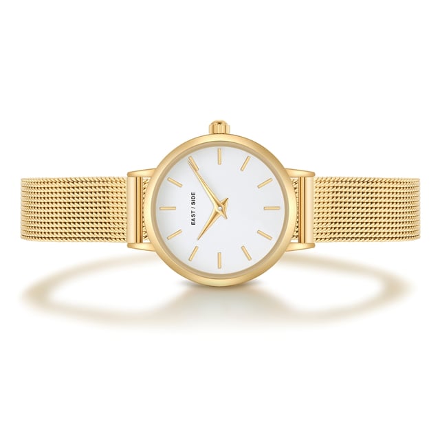 GENERAL INFORMATION:  • Targetgroup: Female  • Wristwatch: No Special Functions  • Display: analogue  • Weight of watch w/o box (gr.) - approx.: 24,0  MOVEMENT:  • Movement: Quartz  • Term of Movement: VC10  • Origin of movement: Japan  BRACELET:  • Material of bracelet/strap: Stainless steel  • Plating of bracelet/strap: Ion-Plating (IP)  • Finishing of bracelet/strap: Smooth  • Finishing/Decoration of bracelet/strap: None  • Clasp/Closure/Buckle: Slide Clasp  • Color of bracelet/strap: Yellowgold  • Length of bracelet/strap (mm) approx.: 190,0  • Width of bracelet/strap (mm) approx.: 9,5  • Style/Design of bracelet/strap: Mesh band (Millanaise Style)  • Bracelet/strap adjustable?: No  CASE:  • Shape of case: Round  • Size/Diameter of case in mm . approx.: 24,0  • Height of case in mm: 7,6  • Case material: Metal (Alloy)  • Surface of case: Polished  • Bezel/Topring: Fixed  • Finishing/Decoration of case: None  • Material of case back: Stainless steel  • Lock of case back: No screwed-in crown  • Color of case: Yellowgold  • Coating/Plating (Case): Ion-Plating (IP)  • Type/Form of crystal: Flat  • Material of crystal: Mineral crystal  • Water resistant (ATM): 3  DIAL:  • Size jewelry care cloth: Hour, Minute  • Indices: Line indices  • Material of dial: Brass  • Structure/pattern of dial: Flat  • Color of dial: White  PUSHER, CROWN, HAND:  • Pusher: None  • Corrector: No  • Crown: No screwed-in crown  • Type of hands: Dauphine hands  • Luminescent (hands): No  PACKAGING & SCOPE OF DELIVERY:  • Box: Yes  • Service booklet: Yes  • Manual: Yes