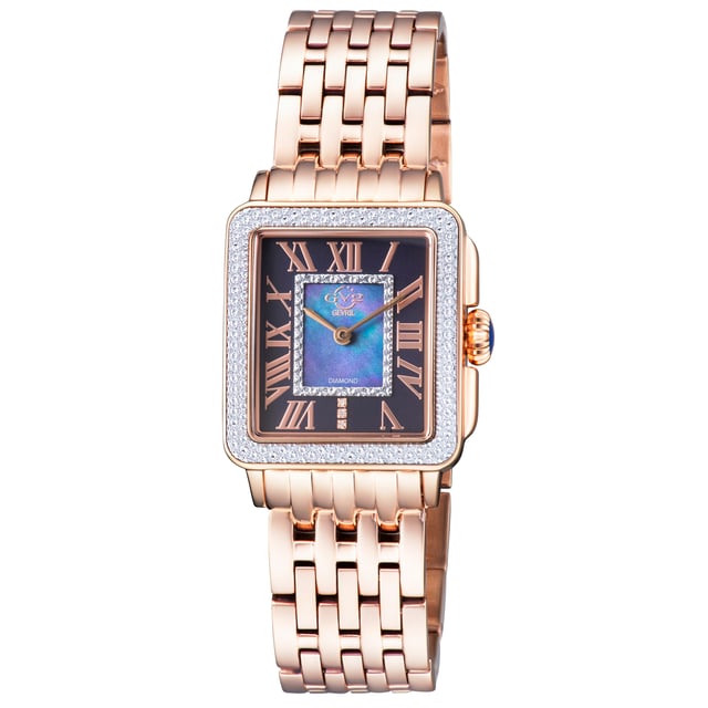 Decadence is in the details.      The Padova Collection by Gevril shares its name with the Italian city that has inspired artists for centuries. From Shakespeare to Giotto, Padova has set the stage for numerous timeless works of art, so it’s only fitting this series of watches features delicate detailing and expert craftsmanship. From the stunning, diamond cut ring dial to the anti-reflective sapphire crystal face, each enthralling element of this timepiece is made to precision. Contrasting roman numeral markers surrounding the face contrast with the dial, and 3 diamonds lay nestled at the VI mark. The square bezel is available in a myriad of metals and features a push-pull crown. This Swiss-Movement watch is water resistant for 30 meters. Dazzle in diamonds and enduring elegance with a timepiece from the Padova Collection.

GV2 12306B Women's Padova Swiss Diamond Watch

GV2 Women's Swiss Watch from the Padova Collection
28.5 mm Rectangle Rose Gold Case, Push Pull crown
Stunning Black MOP dial with Diamond Cut ring on Multicolored MOP inner dial, 3 Diamonds at 6.00

IPRG Stainless Steel Bracelet with Deployment Buckle
Anti-reflective Sapphire Crystal
Water Resistant to 30 Meters/3ATM
Swiss Movement Ronda 762