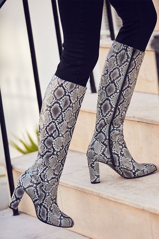 Snake Print Leather Knee High Boot