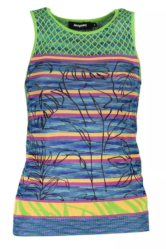 Eleva tu vestuario con la llamativa camiseta sin mangas de Desigual, que presenta una elegante silueta de hombros anchos enmarcada por un escote redondo. La combinación única de detalles contrastantes y el logotipo distintivo juegan artísticamente con texturas y tonalidades, asegurando que te destaques. Confeccionada con una lujosa mezcla de algodón, viscosa, poliéster y poliamida, esta prenda es una perfecta combinación de comodidad y estilo de alta gama, ideal para personas a la moda.  
Material: 41% Algodón, 6% Poliéster, 41% Viscosa, 12% Poliamida  
País de origen: CN  
Color: Verde