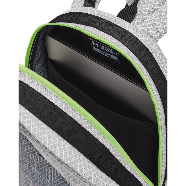 UA Storm technology delivers an element-battling  highly water-resistant & stain-resistant finish- Laptop sleeve holds up to 15 inch MacBook Pro® or similarly sized laptop- Padded back panel & shoulder straps for added comfort- Ultra-durable & lightweight ripstop body fabric with reflective trims- Large  zippered valuables pocket at the front & side water bottle pocket- Top grab handle- Jacquard wordmark webbing across top- Style #: 1364187- Dimensions When Full: 11.8 inchW x 5 inchH x 17.7 inchL- Volume: 25L- 100% Polyester- Imported