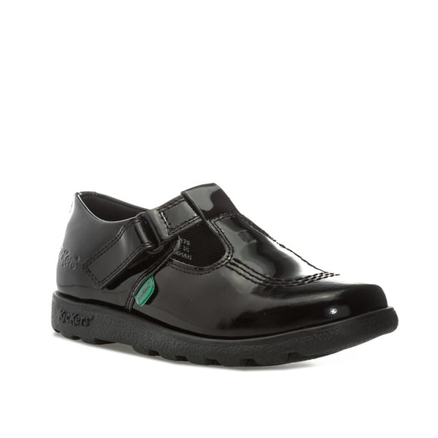 Infant Girls Kickers Fragma T-Bar Patent Shoes in Black- Hook and loop strap fastening- Shiny patent leather upper- Classic triple stitch detail- Iconic red and green logo tabs- Ridged rubber sole for traction and durability- Embossed branding to side- Leather Upper  Textile Lining  Synthetic Sole- Ref: 115178