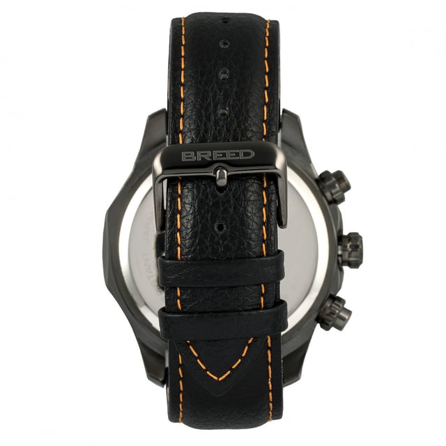 Brushed Alloy Case; Precision Japanese Quartz Movement; Full-Function Chronograph; Non-Glare Scratch Resistant Mineral Crystal; Logo-Engraved Stainless Steel Caseback; Genuine Leather Crocodile-Embossed Strap; Logo-Engraved Stainless Steel Clasp; Luminous Hands; Luminous Markers; 24-Hour Sub-Dial; 47mm Case Diameter; 5 ATM Water Resistance;