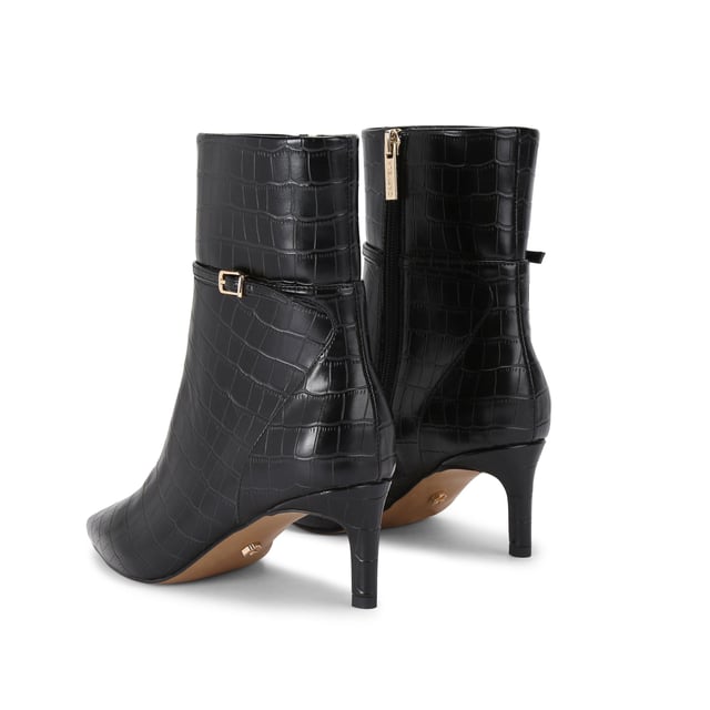 This Carvela Impress Ankle Boot features a black croc embossed upper. There is a thin ankle strap around the ankle with gold tone buckle. Heel height: 6cm.