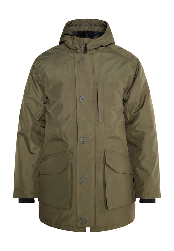 In klassieke stijl is deze winterjas van Mo jouw 24/7 outdoor-metgezel. Het robuuste, licht glanzende materiaal is gecoat en waterafstotend en de lichte vulling zorgt voor een warme isolatie. De grote capuchon biedt bescherming, net als de ritssluiting verborgen onder de knoopsluiting. Een praktische borstzak en de interne geribde manchetten aan de mouwen maken het model compleet.  Parka