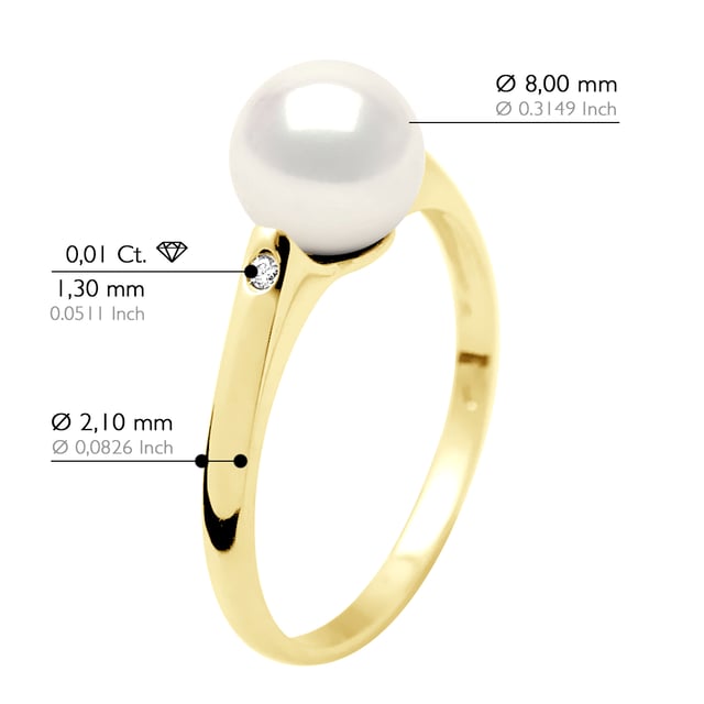 Ring Solitaire Diamanter 0,02 Cts - Äkta odlad sötvattenspärla rund 8-9 mm - FÄRG NATURLIG VIT - Gult guld - Levereras med äkthetscertifikat och internationell garanti - MADE IN FRANCE