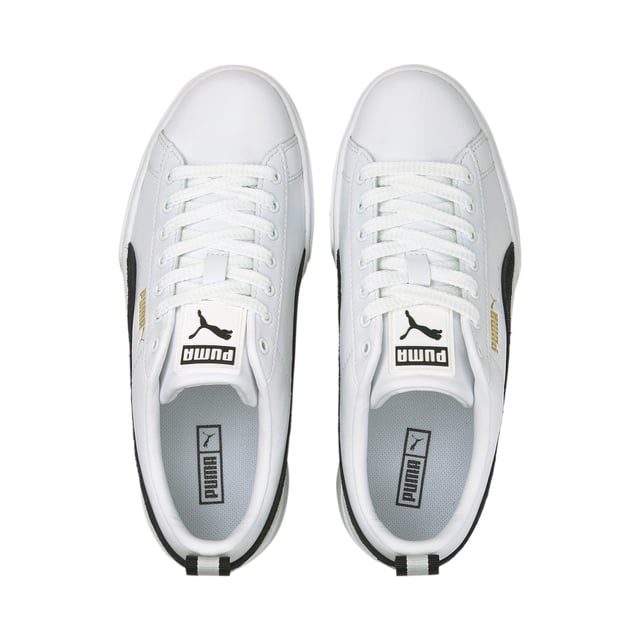 PRODUCT STORY Get ready to find your style in Mayze. We made this one for the hype girls, the street enthusiasts, the trend mavens. This stand-out silhouette takes design inspiration straight from the streets, with a stacked sole and contrasting rubber tooling for an edgy, layered look. DETAILS Leather upper with suede and synthetic overlaysFull lace closurePlatform rubber midsole with textured toolingRubber outsole provides durable grip and tractionSuede PUMA Formstrip overlay at sidesStriped webbing pull loop at heelGold foil PUMA No.2 Logo at lateral sidePUMA label at tongue