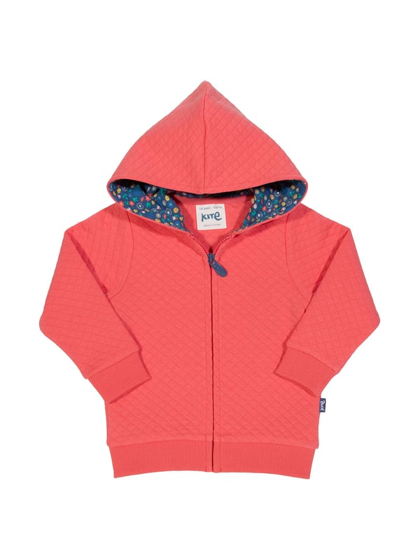 NEW! Our fabulous fossil hoody in coral pink is rather special, it uses our brand new soft and sculptured fossil fabric which provides a fab quilted effect. Enclosed in a layer of polyester fibres inside an organic cotton 'sandwich' it creates a lightweight yet warm layer, perfect for cooler days.
