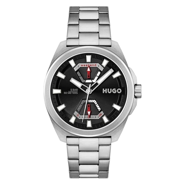 Hugo 1530242 - Damenuhr Quarz aus Edelstahl• Material: Edelstahl• Glas: Mineral• Armband: Edelstahl• Farbe: Grau• Wasserbeständigkeit: 50 m (5 ATM)• Gehäusegröße: 44 mm