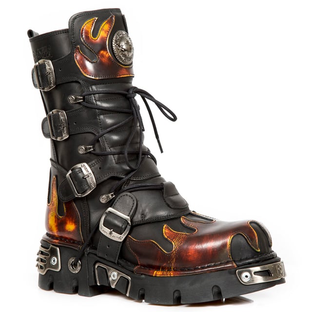These mid-calf boots are crafted from premium cow hide leather and are finished with a quality that reflects the decades of experience in crafting premium footwear that New Rock has proudly amassed. This pair is characterised by flame accenting that appears in red on the black leather upper for a striking and unique look that is sure to stand you out from the crowd. Alongside the flame design is a metallic motif that is created by the introduction of metal buckles, metallic inserts in the soles and an elegantly designed shiny New Rock logo. Not only is this a stunningly trendy piece but with the addition of a soft cushioned insole, comfortable leather lining and side zip opening these boots reach a level of comfort that will make you want to keep these mid-calves on all day.• Premium black leather uppers with red flame accents• 23cm shaft height with side zip and metal buckles• 6cm rubber heel and 3cm sole