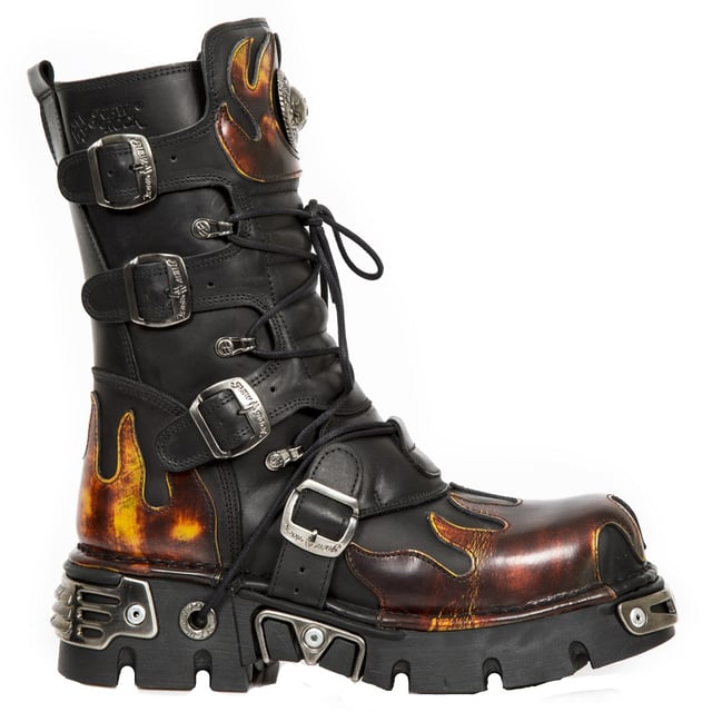 These mid-calf boots are crafted from premium cow hide leather and are finished with a quality that reflects the decades of experience in crafting premium footwear that New Rock has proudly amassed. This pair is characterised by flame accenting that appears in red on the black leather upper for a striking and unique look that is sure to stand you out from the crowd. Alongside the flame design is a metallic motif that is created by the introduction of metal buckles, metallic inserts in the soles and an elegantly designed shiny New Rock logo. Not only is this a stunningly trendy piece but with the addition of a soft cushioned insole, comfortable leather lining and side zip opening these boots reach a level of comfort that will make you want to keep these mid-calves on all day.• Premium black leather uppers with red flame accents• 23cm shaft height with side zip and metal buckles• 6cm rubber heel and 3cm sole