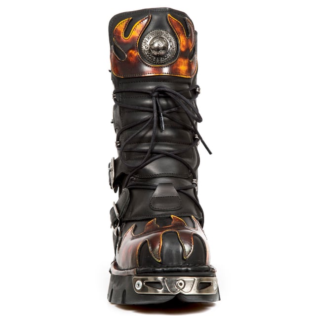 These mid-calf boots are crafted from premium cow hide leather and are finished with a quality that reflects the decades of experience in crafting premium footwear that New Rock has proudly amassed. This pair is characterised by flame accenting that appears in red on the black leather upper for a striking and unique look that is sure to stand you out from the crowd. Alongside the flame design is a metallic motif that is created by the introduction of metal buckles, metallic inserts in the soles and an elegantly designed shiny New Rock logo. Not only is this a stunningly trendy piece but with the addition of a soft cushioned insole, comfortable leather lining and side zip opening these boots reach a level of comfort that will make you want to keep these mid-calves on all day.• Premium black leather uppers with red flame accents• 23cm shaft height with side zip and metal buckles• 6cm rubber heel and 3cm sole