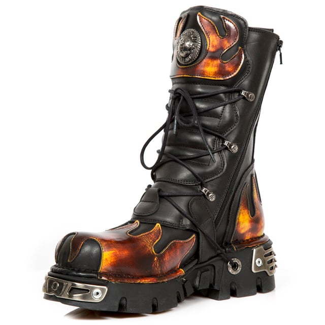 These mid-calf boots are crafted from premium cow hide leather and are finished with a quality that reflects the decades of experience in crafting premium footwear that New Rock has proudly amassed. This pair is characterised by flame accenting that appears in red on the black leather upper for a striking and unique look that is sure to stand you out from the crowd. Alongside the flame design is a metallic motif that is created by the introduction of metal buckles, metallic inserts in the soles and an elegantly designed shiny New Rock logo. Not only is this a stunningly trendy piece but with the addition of a soft cushioned insole, comfortable leather lining and side zip opening these boots reach a level of comfort that will make you want to keep these mid-calves on all day.• Premium black leather uppers with red flame accents• 23cm shaft height with side zip and metal buckles• 6cm rubber heel and 3cm sole