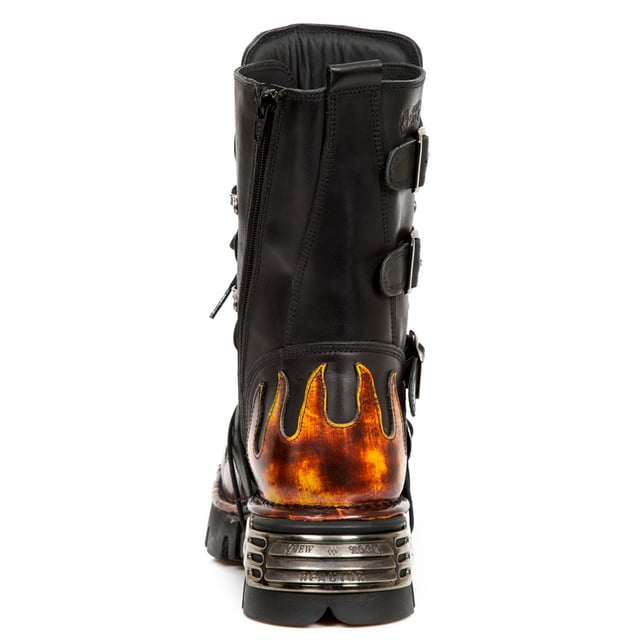 These mid-calf boots are crafted from premium cow hide leather and are finished with a quality that reflects the decades of experience in crafting premium footwear that New Rock has proudly amassed. This pair is characterised by flame accenting that appears in red on the black leather upper for a striking and unique look that is sure to stand you out from the crowd. Alongside the flame design is a metallic motif that is created by the introduction of metal buckles, metallic inserts in the soles and an elegantly designed shiny New Rock logo. Not only is this a stunningly trendy piece but with the addition of a soft cushioned insole, comfortable leather lining and side zip opening these boots reach a level of comfort that will make you want to keep these mid-calves on all day.• Premium black leather uppers with red flame accents• 23cm shaft height with side zip and metal buckles• 6cm rubber heel and 3cm sole