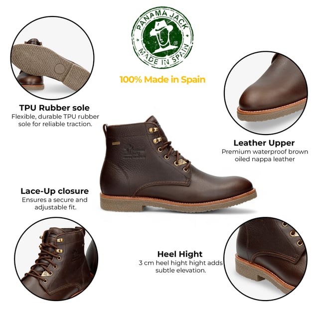 Die braunen Herren-Stiefeletten Glasgow Gtx C2 von Panama Jack sind die perfekte Kombination aus Stil, Komfort und Haltbarkeit. Diese Stiefel bestehen aus wasserfestem, braun geöltem Nappaleder und sind so gebaut, dass sie den Elementen standhalten. Das Gore-Tex®-Futter sorgt für atmungsaktive, Wasserdichter Schutz, während die herausnehmbare anatomische Innensohle individuellen Komfort und Halt bietet. Mit einer flexiblen und langlebigen TPU-Gummisohle sind diese Stiefel ideal für den ganzen Tag. Mit einem Schnürverschluss für einen sicheren Sitz, einer Schafthöhe von 15 cm Mit einer Absatzhöhe von 3 cm bieten sie ein schlichtes und funktionales Design.

Merkmale:

Wasserdichtes braunes geöltes Nappaleder
Gore-Tex®-Futter für atmungsaktiven, wasserdichten Schutz
Herausnehmbare anatomische Innensohle
Flexible und langlebige TPU-Gummisohle
Schnürverschluss für sicheren Sitz
Schafthöhe: 15 cm
Absatzhöhe: 3 cm
100 % hergestellt in Spanien.