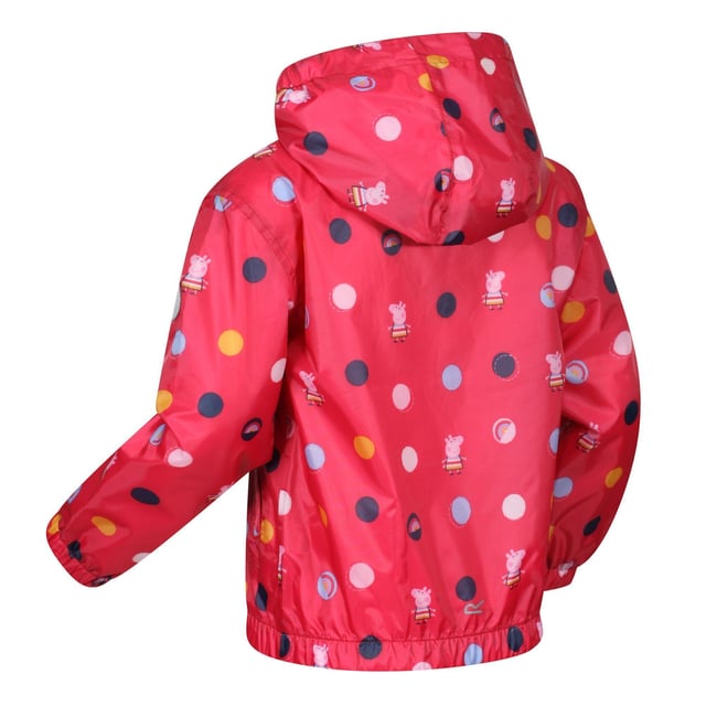 Regatta Childrens/Kids Peppa Pig Polka Dot Hooded Waterproof Jacket (Blush Red) Material: 100% Polyester. Lining: Comfort, Mesh, Polyester, Taffeta. Fabric: Hydrafort. Design: Badge, Cartoon, Crest, Polka Dot. Trim: Reflective. All-Over Print, Lined, Printed Name label, Taped Seam. Fabric Technology: DWR Finish, Waterproof. Cuff: Elasticated. Neckline: Hooded. Sleeve-Type: Long-Sleeved. Hood Features: Elasticated, Grown On Hood. Length: Hip Length. Pockets: 2 Lower Pockets. Fastening: Zip. Hem: Elasticated. 100% Officially Licensed. Characters: Peppa Pig.