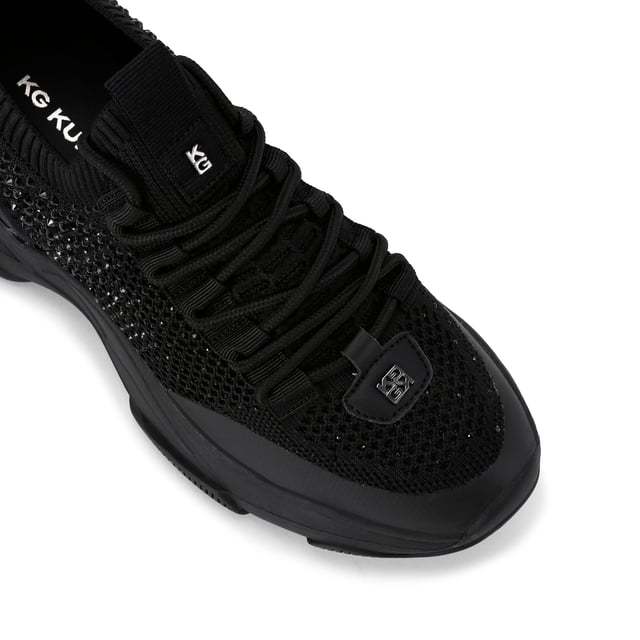 This KG Kurt Geiger Lively Gem sneaker is a black knitted sneaker which is embellished with black crystals. There is gunmetal branding across the upper and embossed branding on the heel.