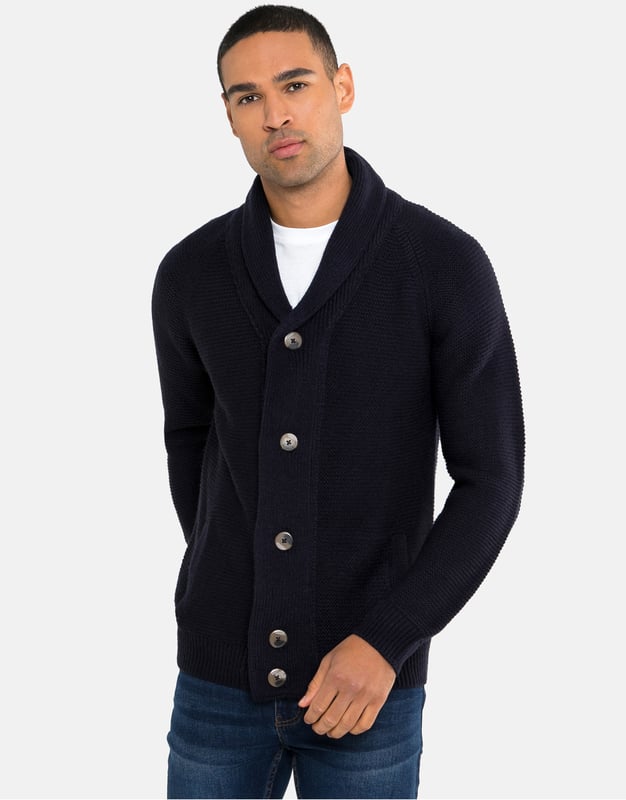Navy Hanway Shawl Collar Textured Knit Cardigan