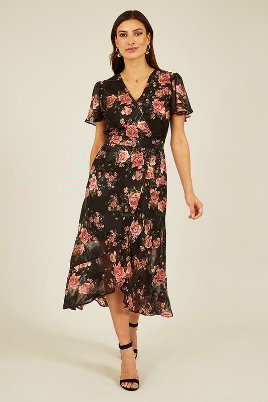 Rose print wrap sales dress