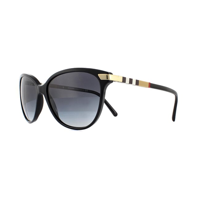 Burberry Sunglasses BE4216 30018G Black With Gold Detailing Grey Gradient are a classy and easy to wear cat eye style for women. Made from slimline acetate with contrasting metal detailing at the hinges, they have a truly luxurious feel. The iconic Burberry check can be found along the temples to authenticate and provide instant brand recognition.