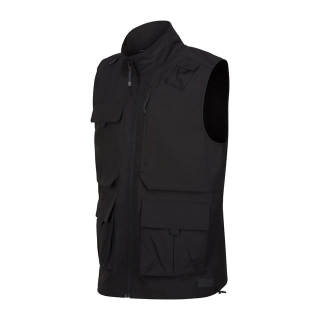 100% Polyester. Fabric: Stretch. Design: Plain. Fabric Technology: DWR Finish, Isoflex, Quick Dry. D-Ring, Packaway. Sleeve-Type: Sleeveless. Neckline: Standing Collar. Pockets: 2 Chest Pockets, Zip, 2 Lower Pockets, Patch, Touch Fastening. Fastening: Full Zip. Hem: Drawcord. Sustainability: Made from Recycled Materials. S: 38 in. M: 40 in. L: 42 in. XL: 44 in. XXL: 48 in. 3XL: 51 in.