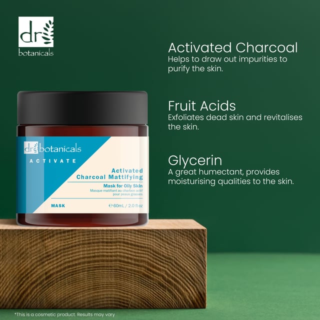 Dr Botanicals Activate Charcoal Mattifying Mask is a powerful formula designed to address oily skin concerns. With ingredients like charcoal powder, cucumber fruit extract, and citrus extracts, this mask helps to purify and detoxify the skin, while also providing hydration and improving the overall texture. Achieve a healthy, mattified complexion with this clean beauty product.