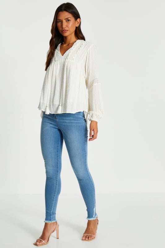 - Lace trim - Tie detailing - Long sleeves - Model height: 5' 7" - Model wears uk 8 / us 4 / eur 36 - Always check the care wash label. cool hand wash with mild detergent