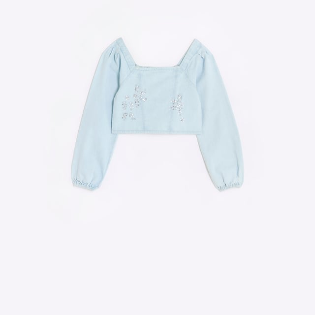 Embellished, Denim, Long sleeve, Corset style, Ruched back, Square neck, Cropped