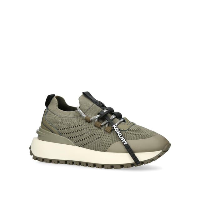 The KG Kurt Geiger Lux is a knitted style sneaker in khaki. The tubular style laces tie at the front whilst there are black branded tabs at the front and back of the ankle.