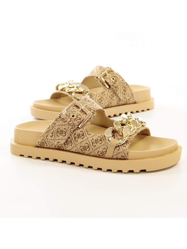 Sandale Guess Fatema Logo 4G Damen Braun Synthétique. Authentischer Stadt-Schuh der Marke Guess - Streetwear/Sportswear-Design von Guess - Guess für modebewusste Frauen, perfekt für den Alltag - Die braune Guess-Sandale lässt sich hervorragend mit dem Rest Ihrer Garderobe kombinieren - Komfortables synthetisches Material - Klassische Schnalle - Fatema Logo 4G - Synthetisch.